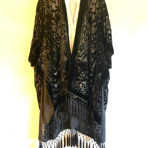 Art Deco Black Velvet Kimono, Semi Sheer, Burn out, Fringed, Cover, Jack… - Picture 2 of 6